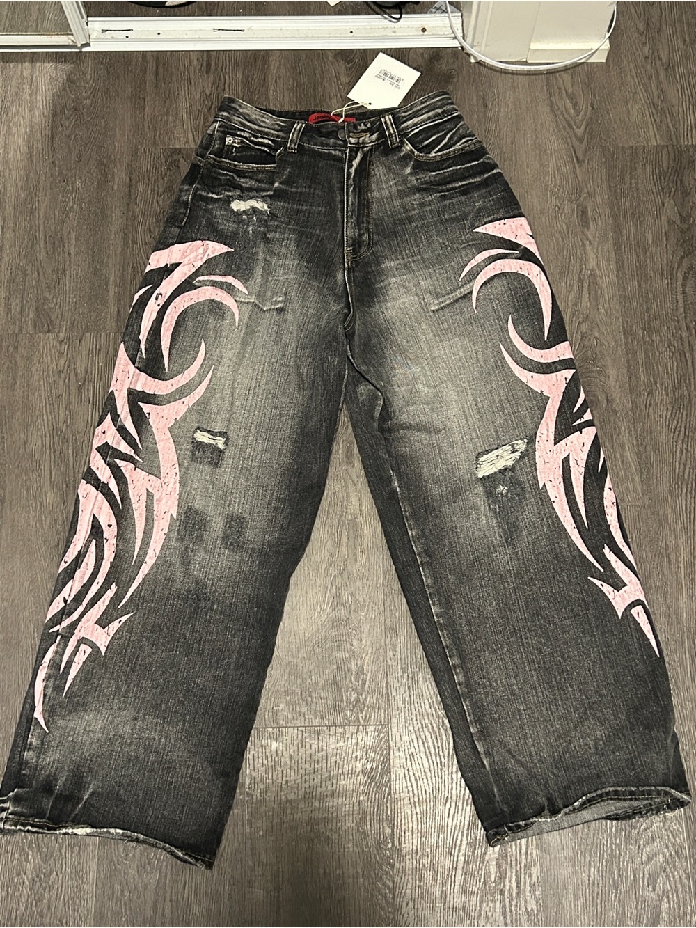 Jaded London Black Washed Flare Jeans with Pink Tribal Panels